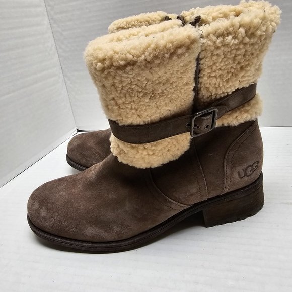 Womens UGG Blayre Brown Cream 1006039 Boots Cuff Sherpa Sheepskin 10 - Picture 2 of 16